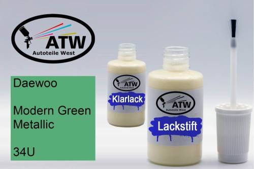 Daewoo, Modern Green Metallic, 34U: 20ml Lackstift + 20ml Klarlack - Set, von ATW Autoteile West.